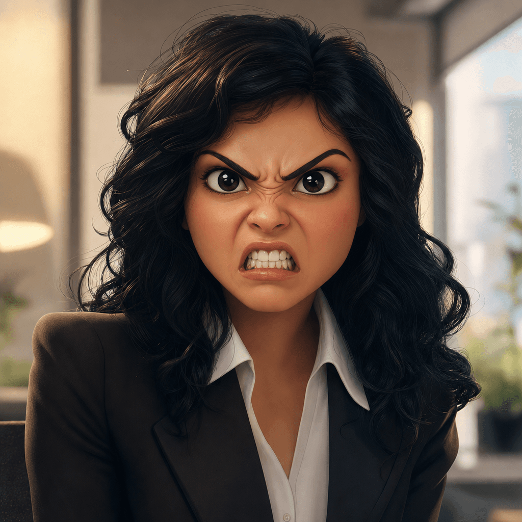 AI generated: a young girl in a business suit with a very angry expression, in the style of unreal engine 5, carto...