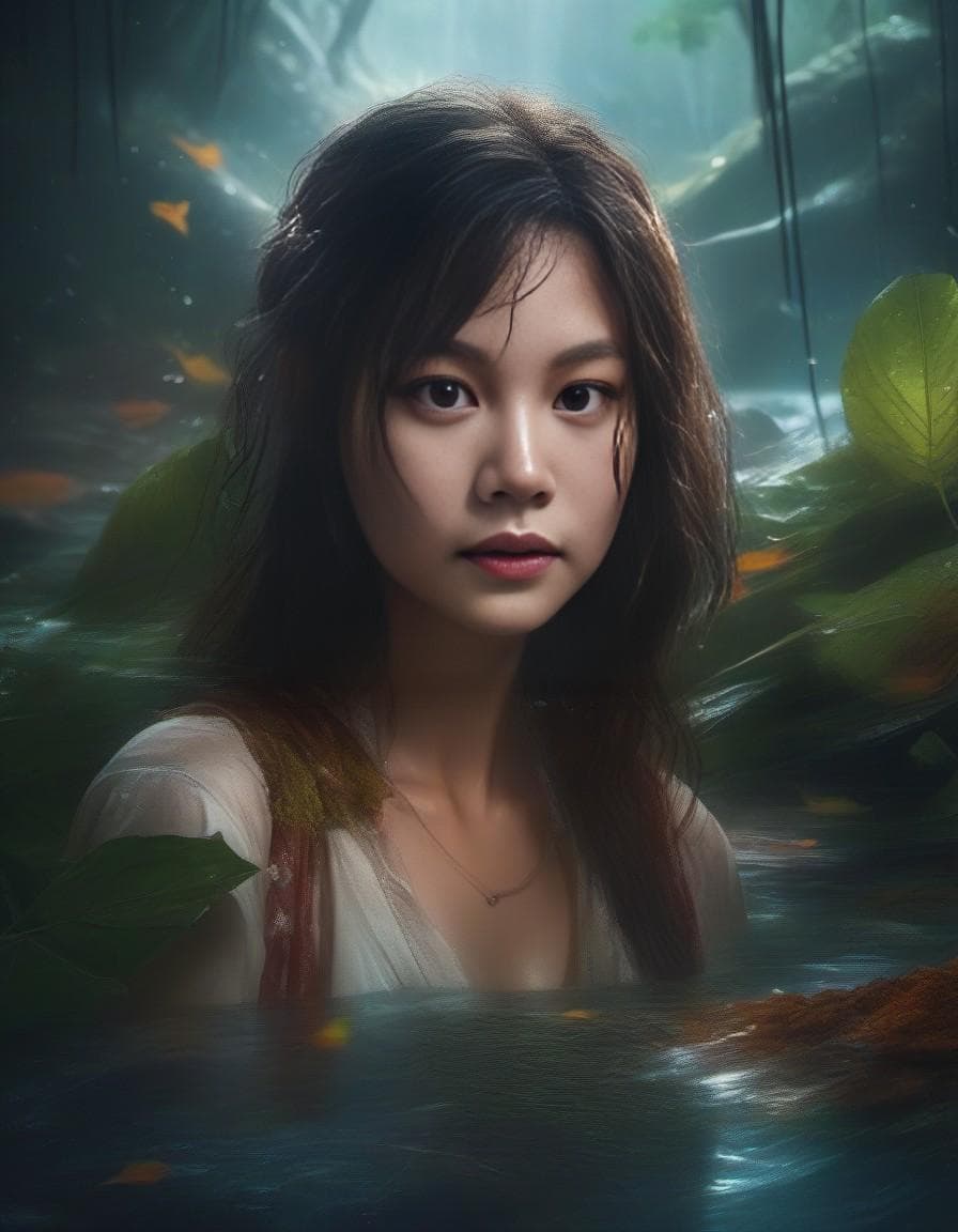 AI generated: rainy jungles, swamps, a lot of water, young pile elf girl whose face is centered in the frame, the ...