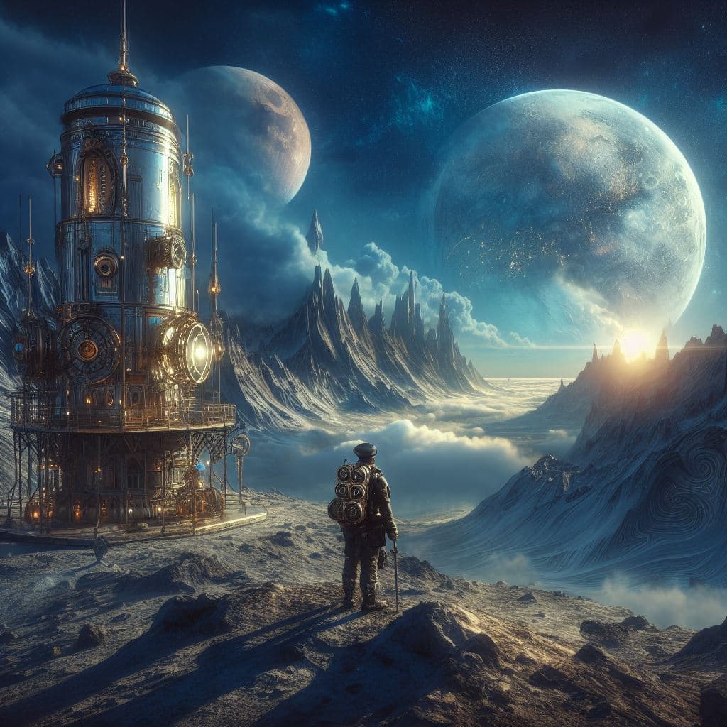 AI generated: a steampunk base on a moon.A steampunk astronaut observes the landscape.A planet can be seen on the ...