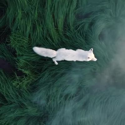 AI generated video: An elegant white fox weaves its way through a vast, lush field of tall, emerald-green grass. The cam...