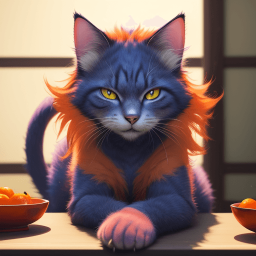 AI generated: furry art, uploaded on e621, furry, feral, cat, at the table, blue top, japanese background, voluptu...