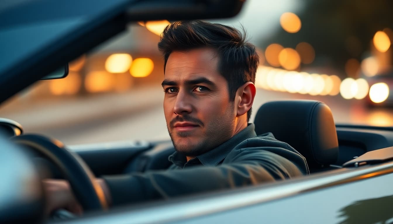 AI generated: A man in a convertible Mercedes. Professional photography, bokeh, natural lighting, Canon lens, shot...