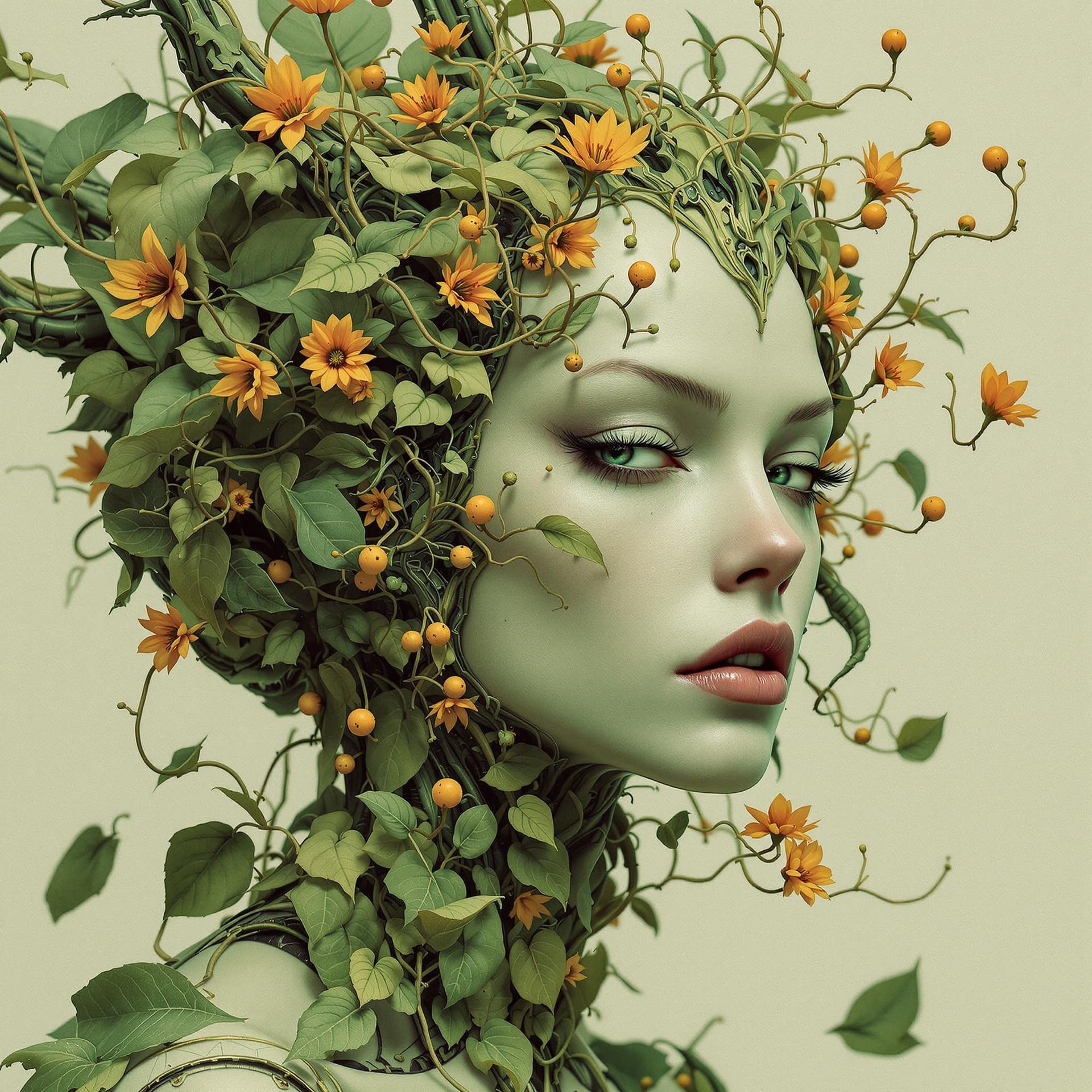 AI generated: hyperreal alien cyborg Poison Ivy art by theo el, in the style of balanced symmetry, light green and...