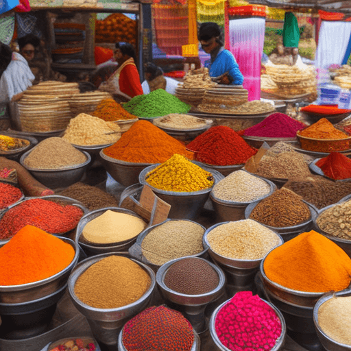 AI generated: Indian market with spices, food, saris, vibrant