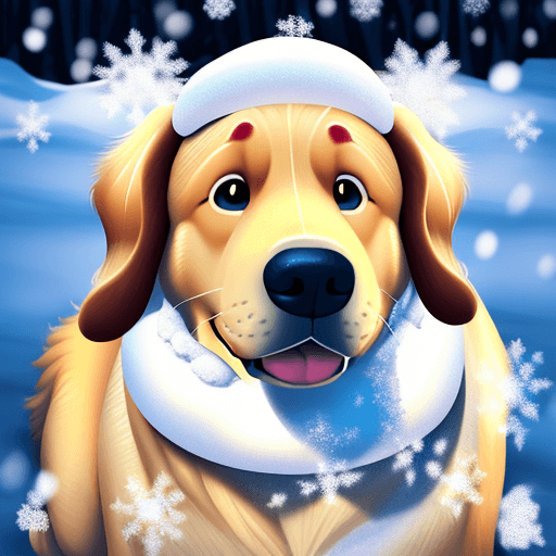 AI generated: Pixar caricature style, large golden retriever dog, snowy background, snow on nose