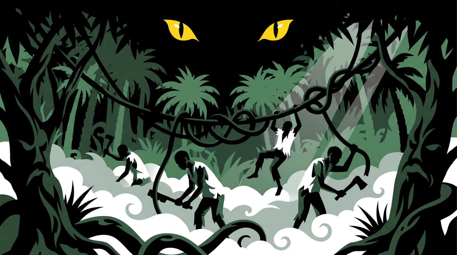 AI generated: Create a Malika Favre  style art: A haunting, cinematic scene set deep in an ancient African jungle....