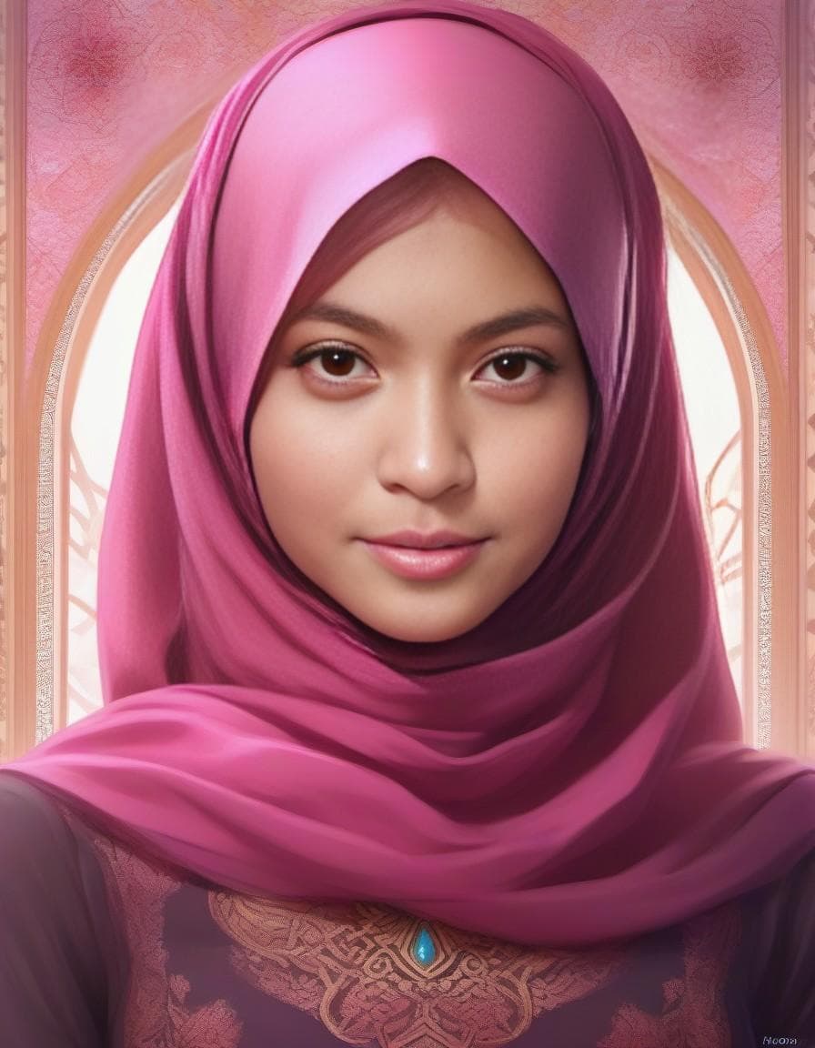 AI generated: Girl, 18oyo, hazel green eyes, pink lips, black eyeliner in her eyes, (wearing a hijab:1.9), (fullbo...