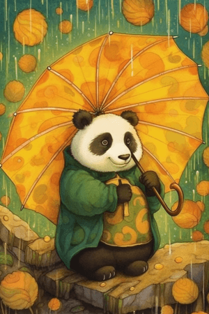 AI generated: Panda, adorable and cuddly, shaded by foggy golden Feeling Colors and hunter green thunder light, ar...