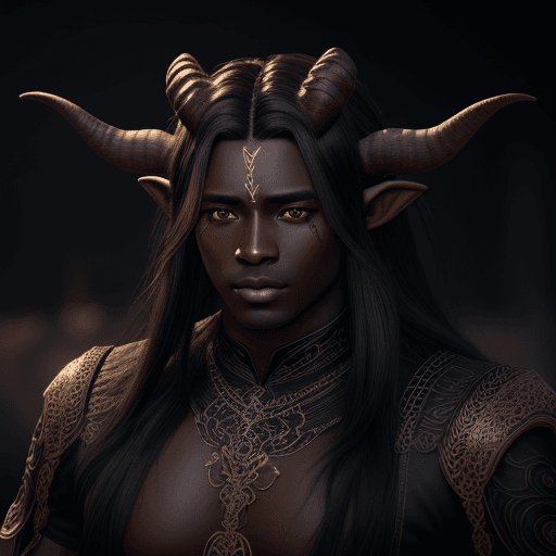 AI generated:  Male, dark skin, long black hair, horns, intricate artwork ,cinematic, high detail, octane render, ...