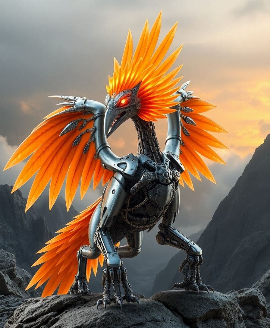 AI generated: Image is a digital artwork featuring a mechanical Gryphon with intricate details. The Gryphon has a ...