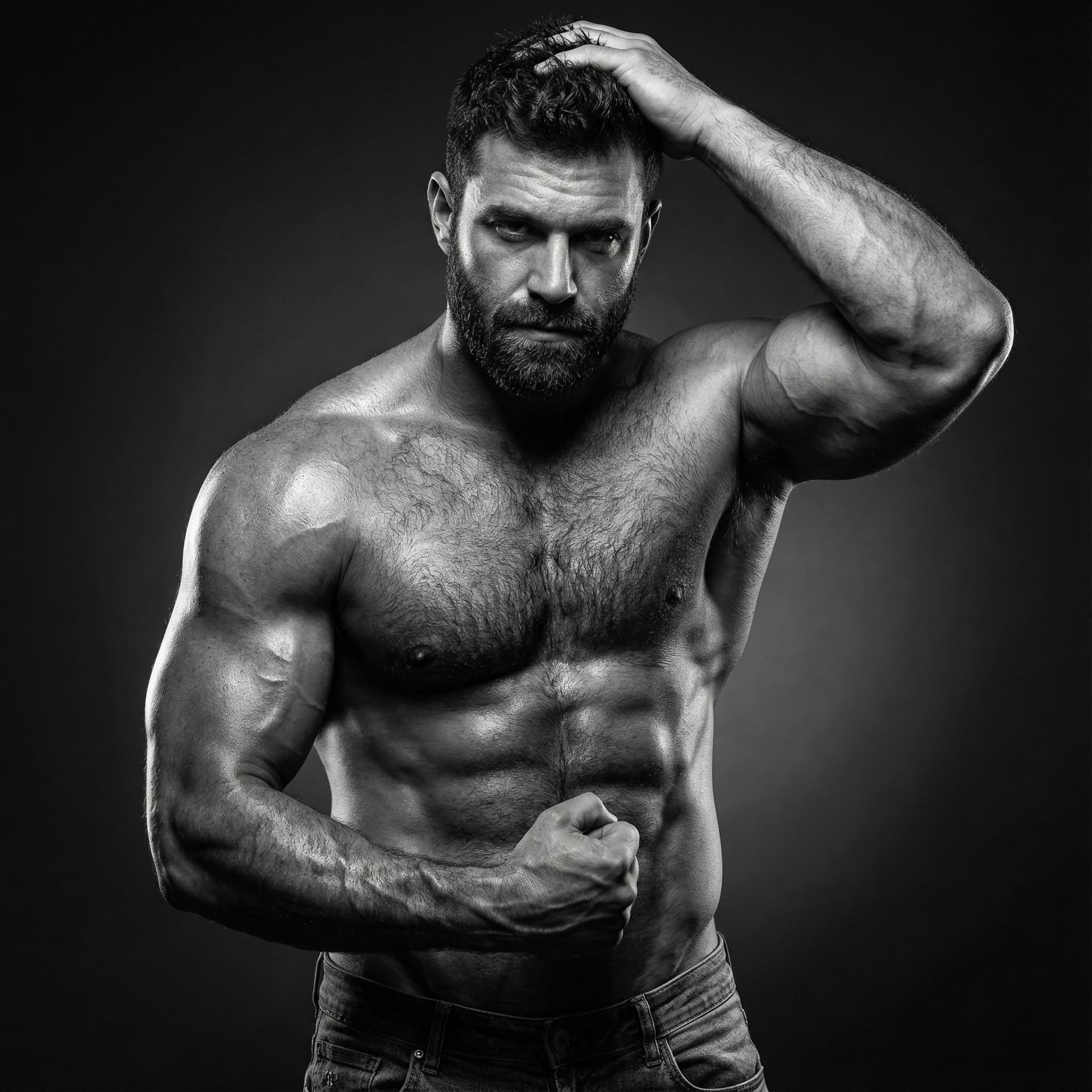 AI generated: black and white dramatic studio photography, ultra muscular hairy male model, 32yo, extremely define...
