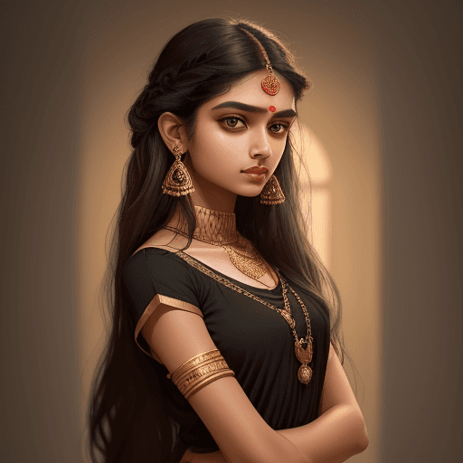 AI generated: A beautiful Indian girl, wearing black short sleeves and golden rings in the style of an oil paintin...