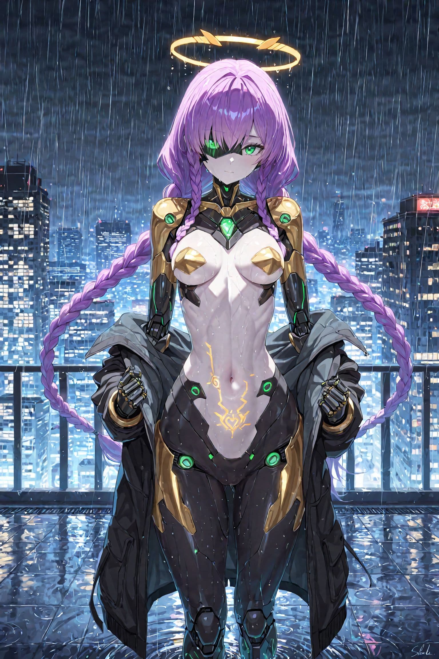 AI generated: (masterpiece), (best quality), ultra-detailed, cinematic anime style, solo female cyborg standing on...