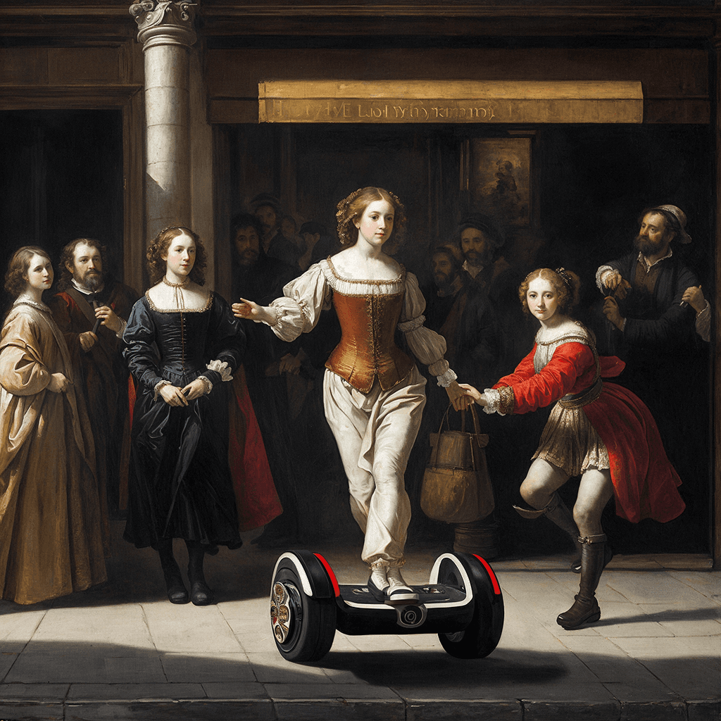 AI generated: large oil strokes renaissance painting, light in the style of Rembrandt, luxurious lady riding a hov...