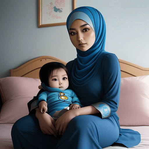 AI generated: a beautiful 30 year old Malaysian woman, a Muslim wearing a blue hijab, Doraemon motif clothes, sitt...