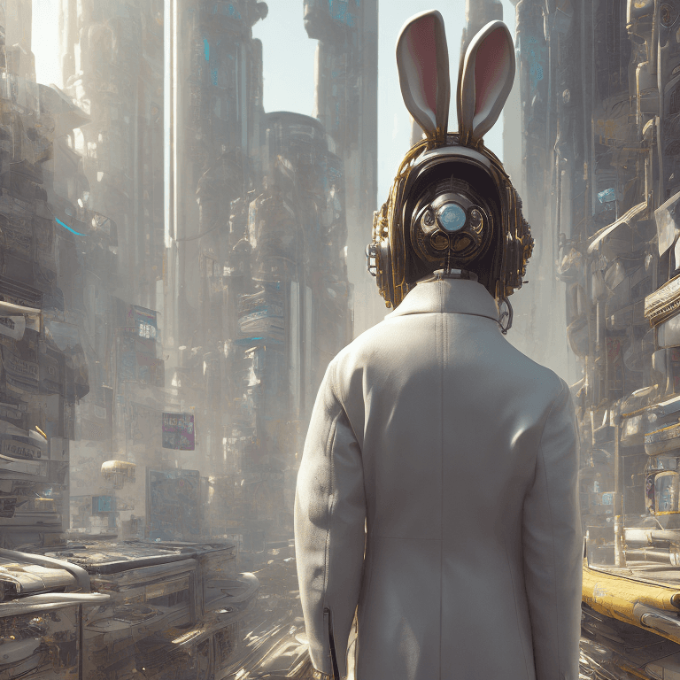 AI generated:  Only one anthropomorphic cyberpunk rabbit from behind| hyperrealism| intricate details| unreal engi...
