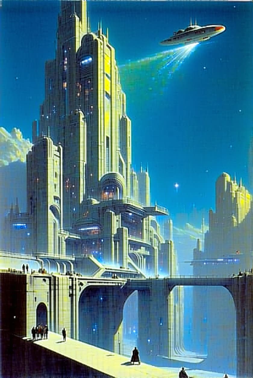 AI generated: 'une ville futuriste avec de grands immeubles et des vaisseaux spatiaux dans le style de Zdzisław Be...