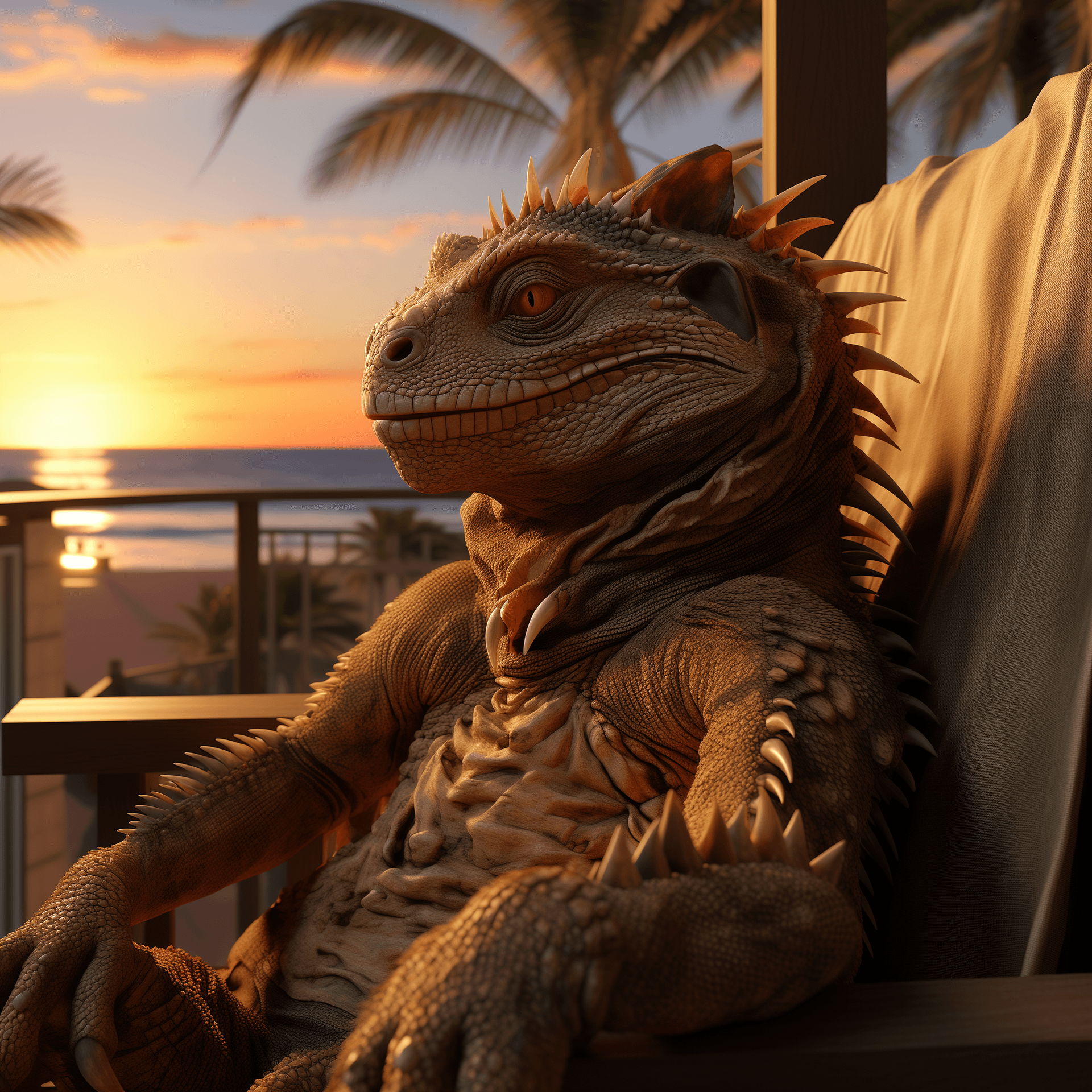 AI generated: A big lizard sitting back, relaxing near a Southern California sunset