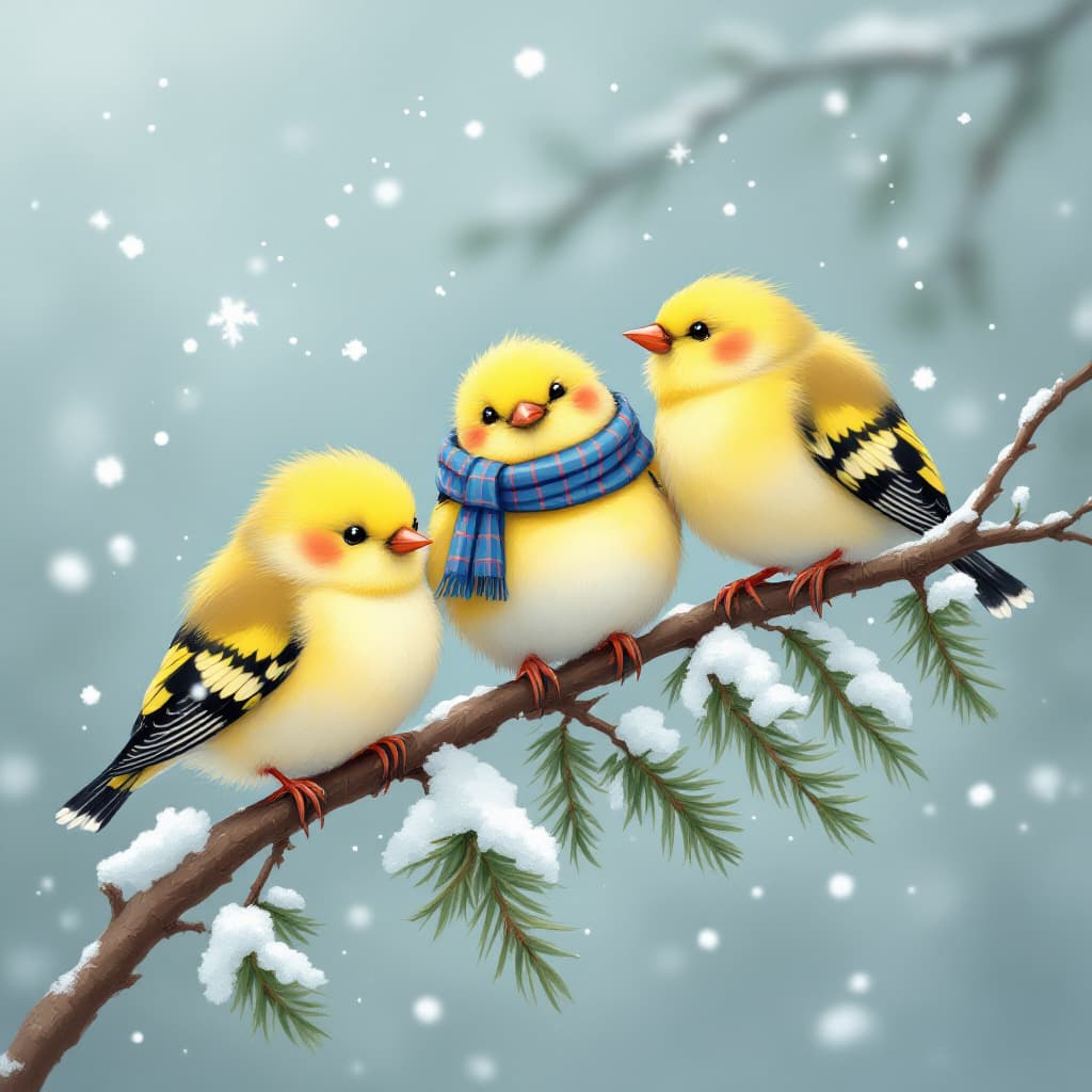 AI generated: Three chubby goldfinches in scarves sitting on a rowan tree against snow, cartoon style.