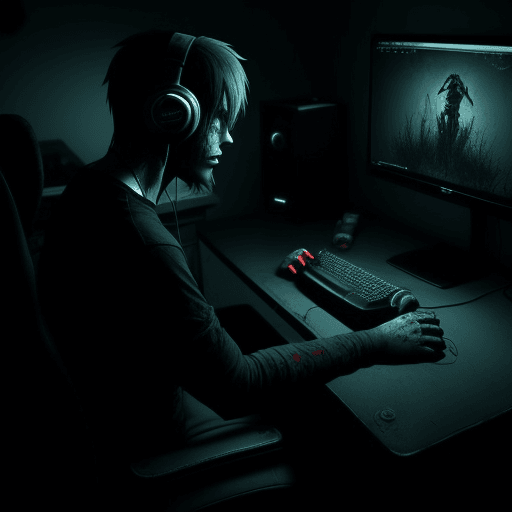 AI generated: lone gamer alone playing horror games in his gaming computer. must have creepy aesthetics.