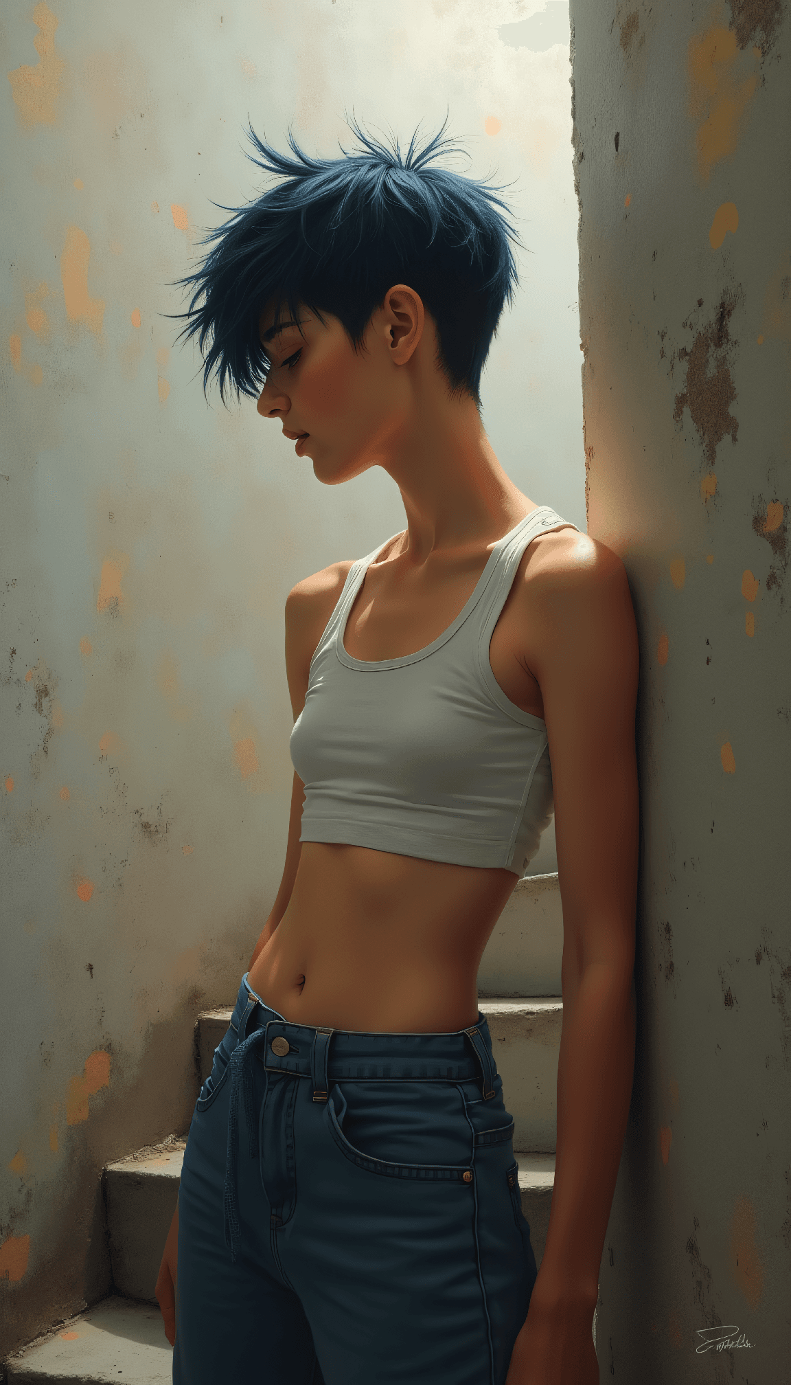 AI generated: art painting Fit 24-year-old with short spiky blue-black hair, short tank top, parachute pants, tone...
