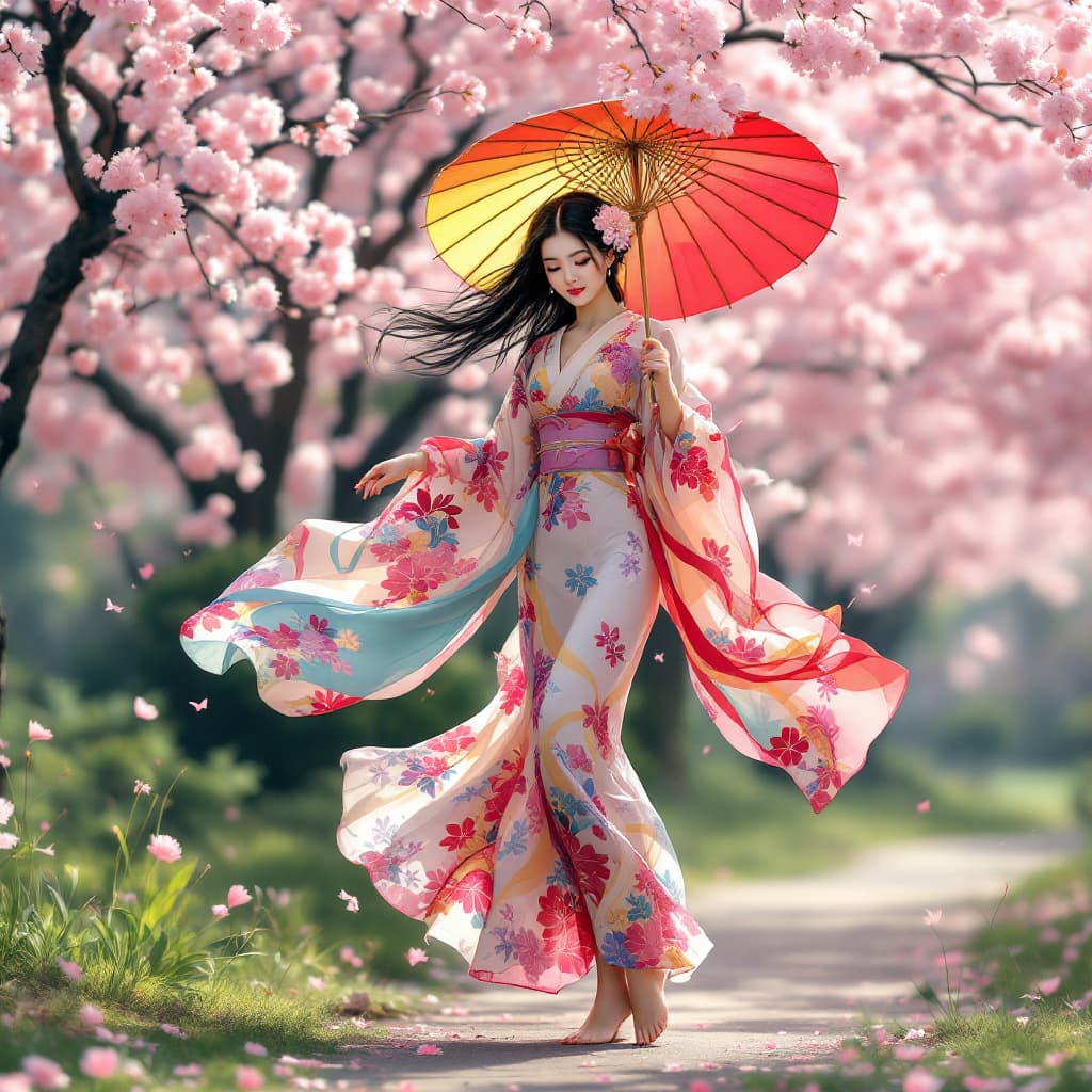 AI generated: Full body view A graceful woman in a flowing, colorful kimono, barefoot, flower on black hair, twirl...