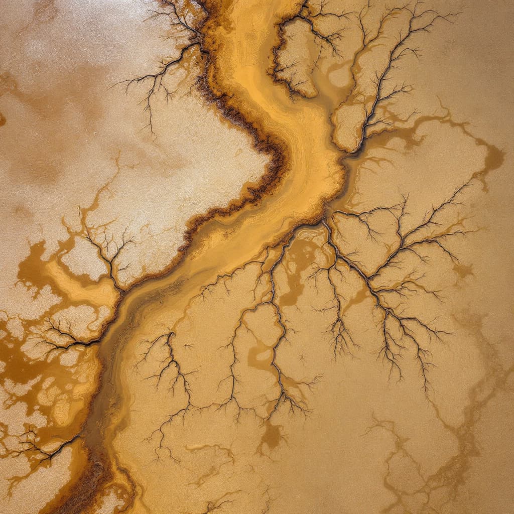 AI generated: “Bird’s-eye drone shot of a flooded delta with river branches and sediment plumes, nature’s fractal ...