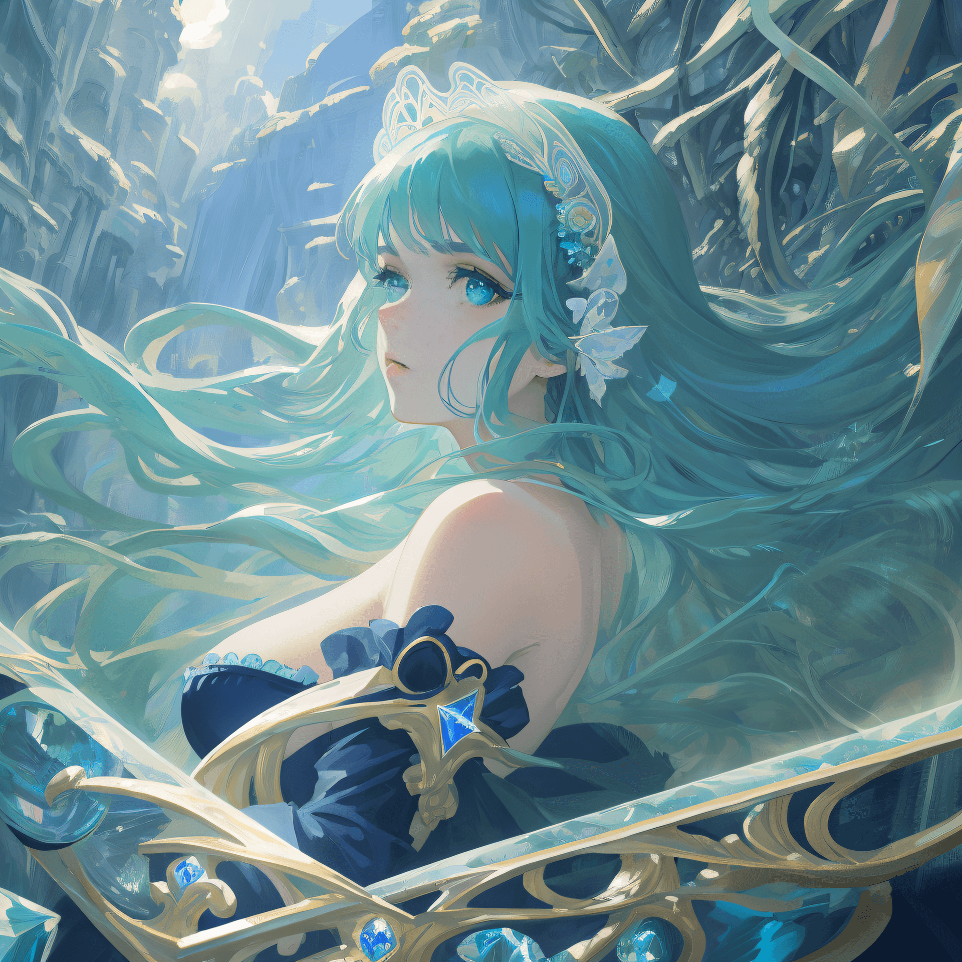 AI generated: beautiful woman with big wide set eyes, hyperrealistic, Art Nouveau, big eyes, crystal blue, sea gre...