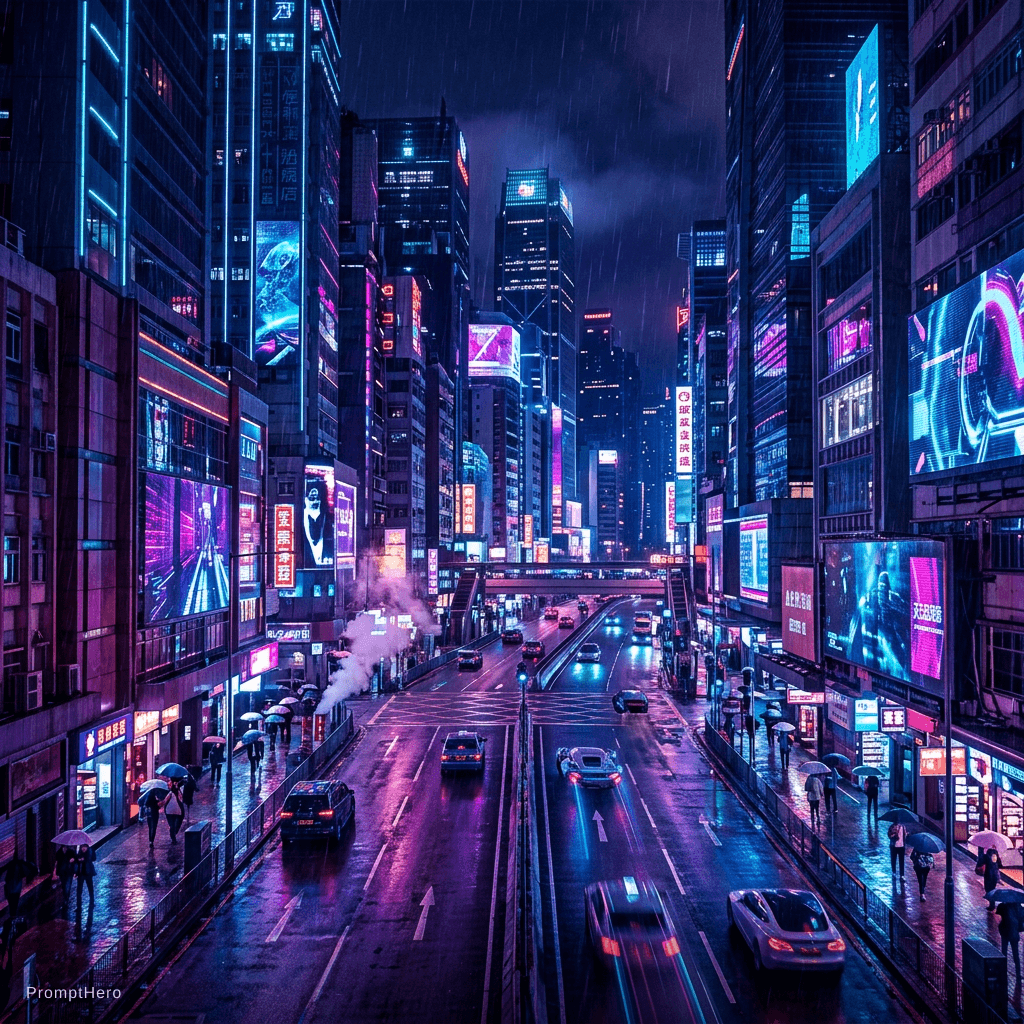 AI generated: neon cyberpunk city at night, rain reflections, purple and blue lights, futuristic