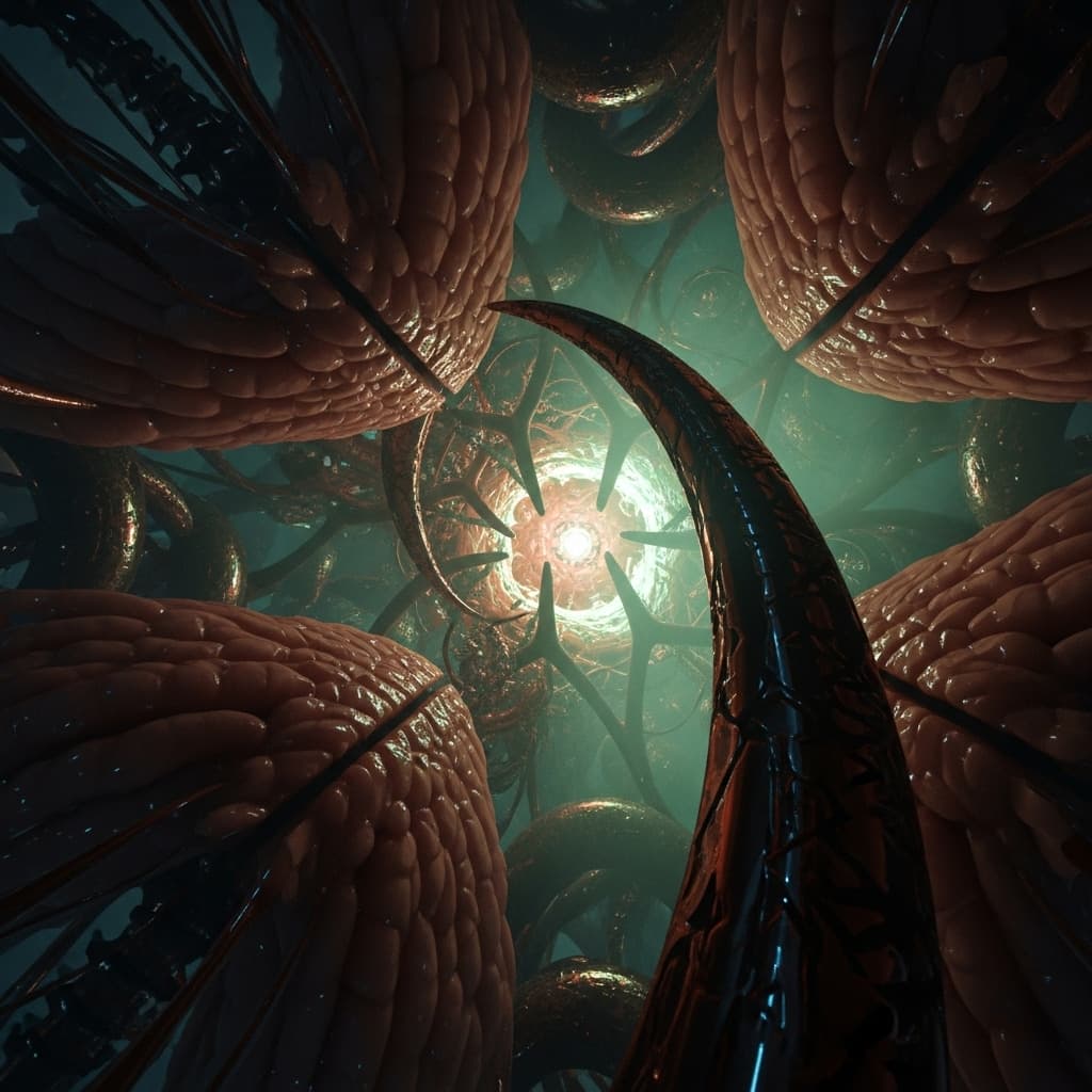 AI generated: A dynamic, fast-paced pan through a Neural Hive. The camera rushes past ribbed spine columns and ali...