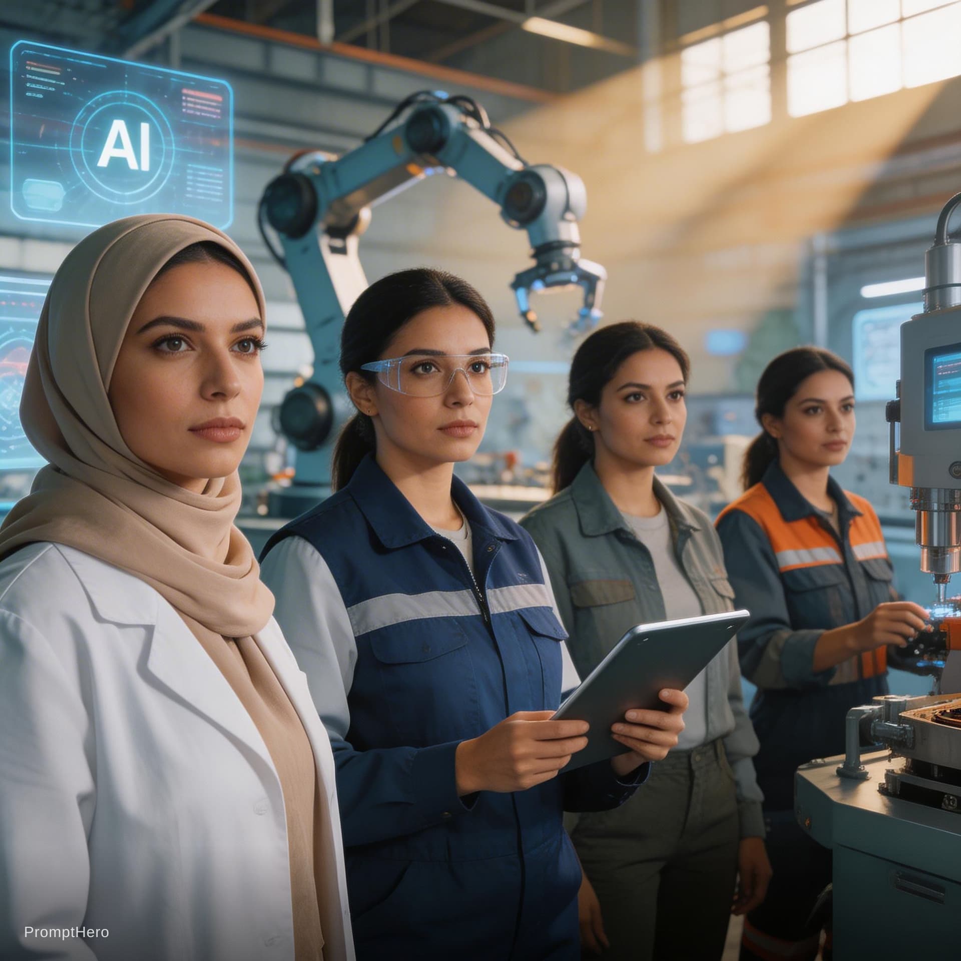AI generated: Cinematic collage of modern Turkish women working in high technology and industrial environments, Wo...