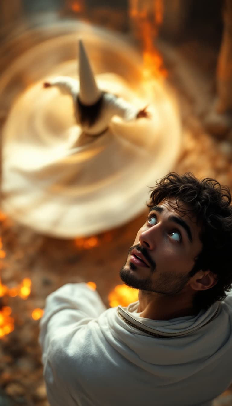 AI generated: Description: Above the shoulders of a young man (tanned Iranian, dark hair, white robe, pointed derv...