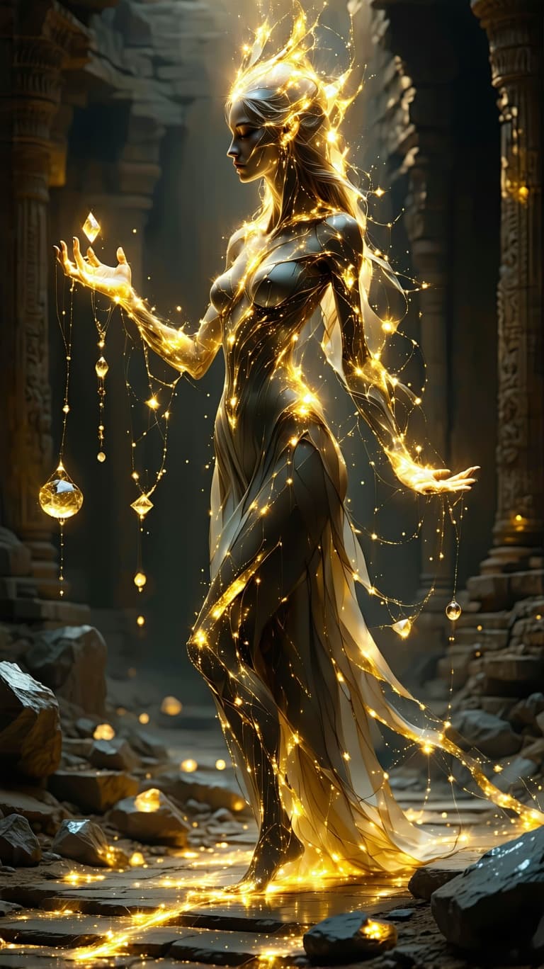 AI generated: Full body view: A luminous golden female guardian, her form woven from celestial silk and cosmic ene...