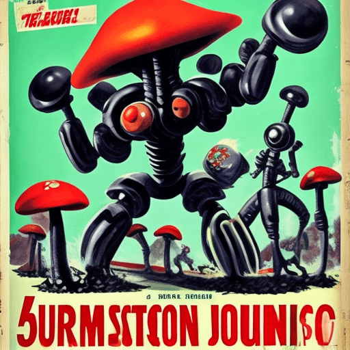 AI generated: 50s movie poster, mushroom monster fighting mecha