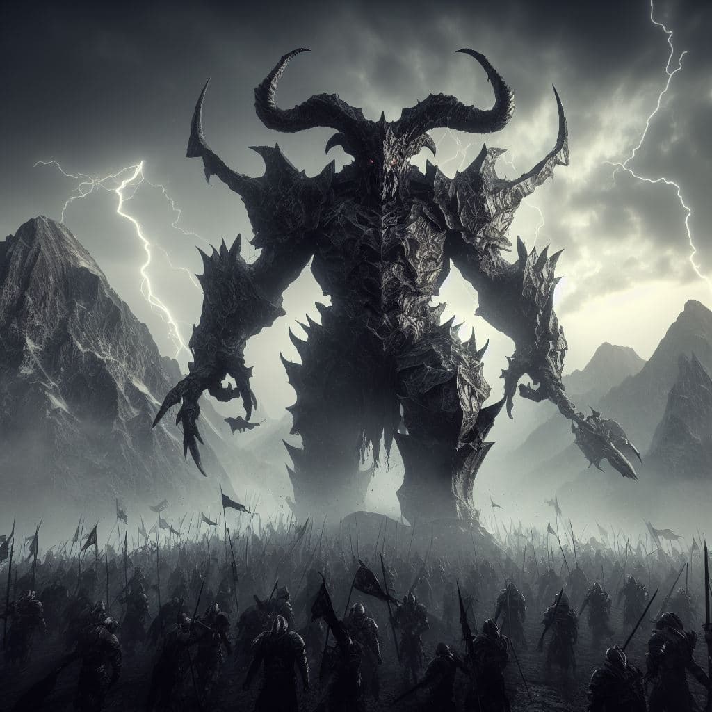 AI generated: best quality, full-length, ultimate detailed, fantastic, gigantic evil behemoth golem, devil's horns...