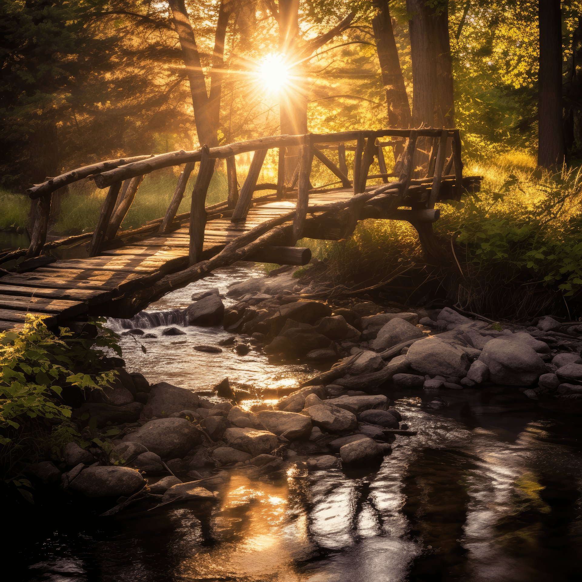 AI generated: Weathered wooden bridge crossing a meandering stream| golden hour sunlight filtering through trees| ...