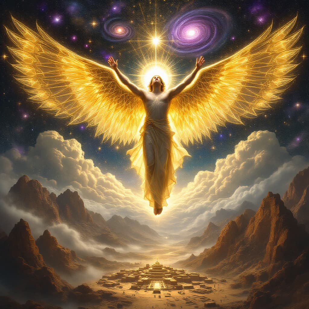 AI generated: Enoch ascending to heaven, held by two luminous beings with geometric fractal wings glowing with gol...