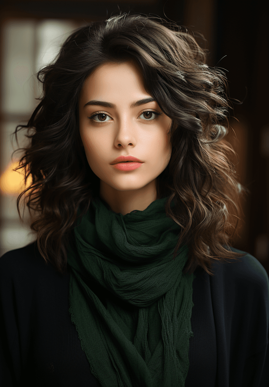 AI generated: a korean woman is wearing a black turtle neck sweater, in the style of light emerald and dark beige,...