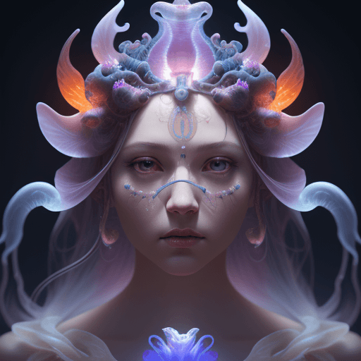 AI generated: Goddess close-up portrait ribcagel. jellyfish phoenix head, nautilus, orchid, skull, betta fish, bio...