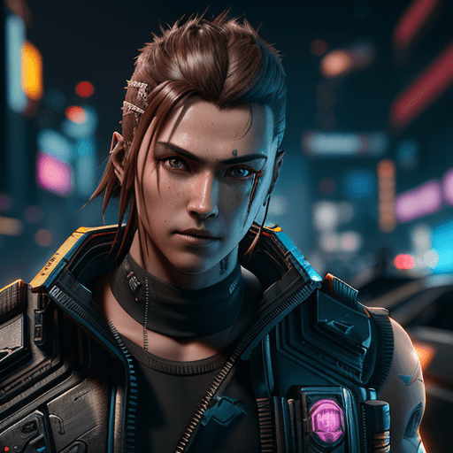 AI generated: a male protagonist of cyberpunk 2077 with a tuft, brown hair, red eyes, oily complexion, while killi...