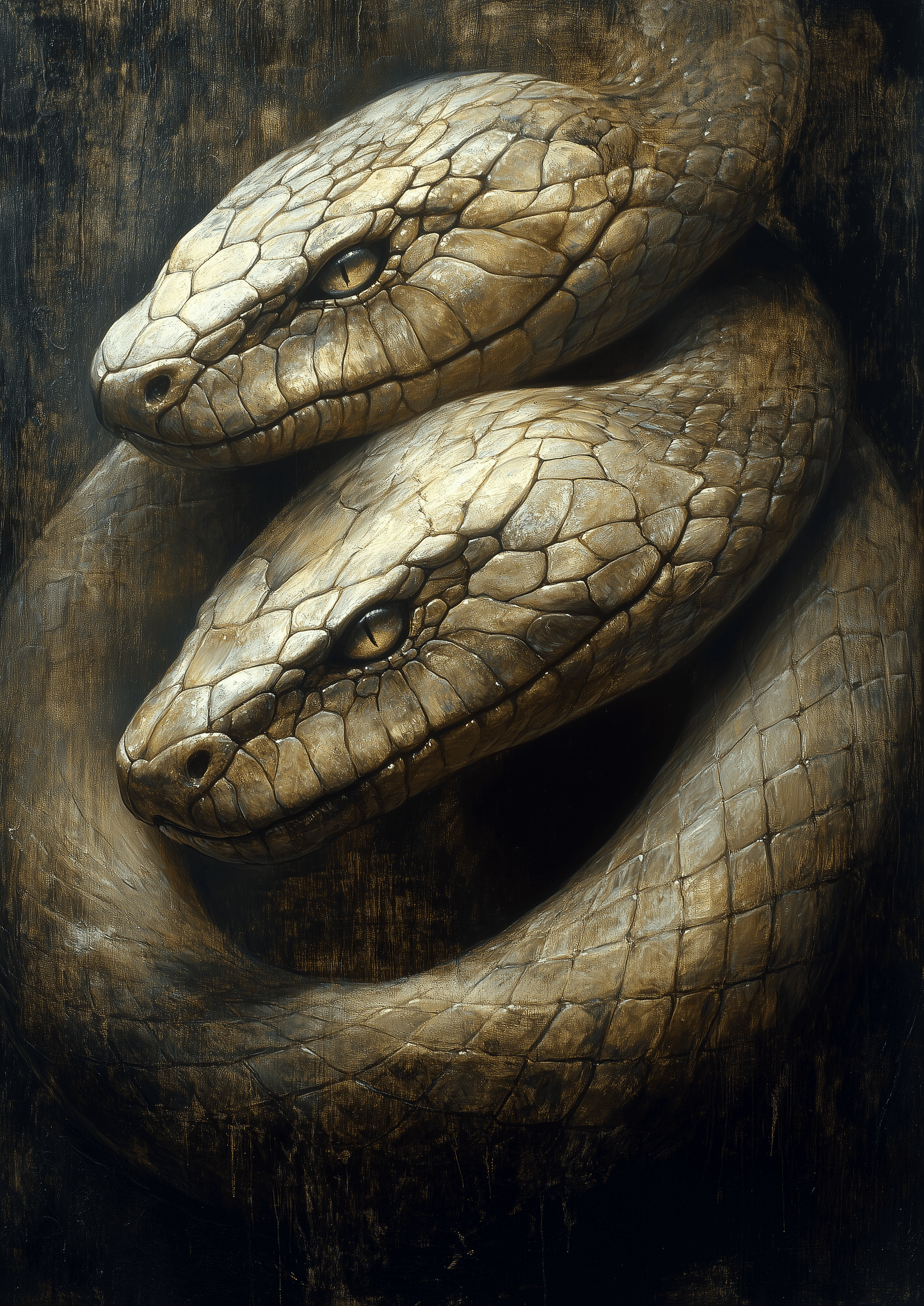 AI generated: H.R. Giger painting of two serpents coiling around each other, one with its head on top and looking ...