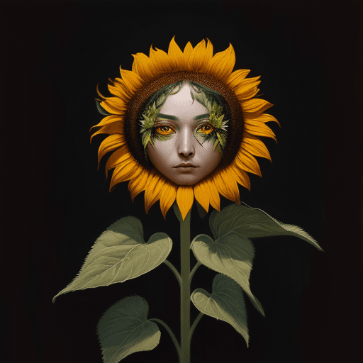 AI generated: a sunflower with its petals covering the eyes of an androgynous person, oil painting, dark backgroun...