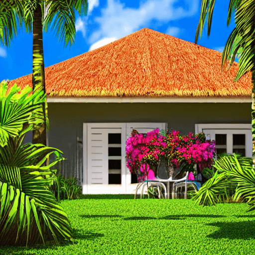 AI generated: realistic photo, tropical style home, lush colorful flowers and palm trees, bright sunny day