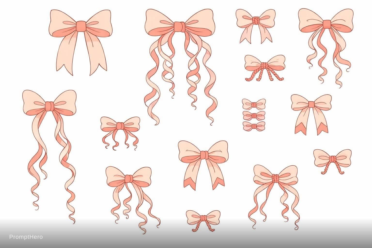 AI generated: Elegant pink bow set of 10 pieces, coquette style like blackcatssvg, thin graceful lines + soft fill...