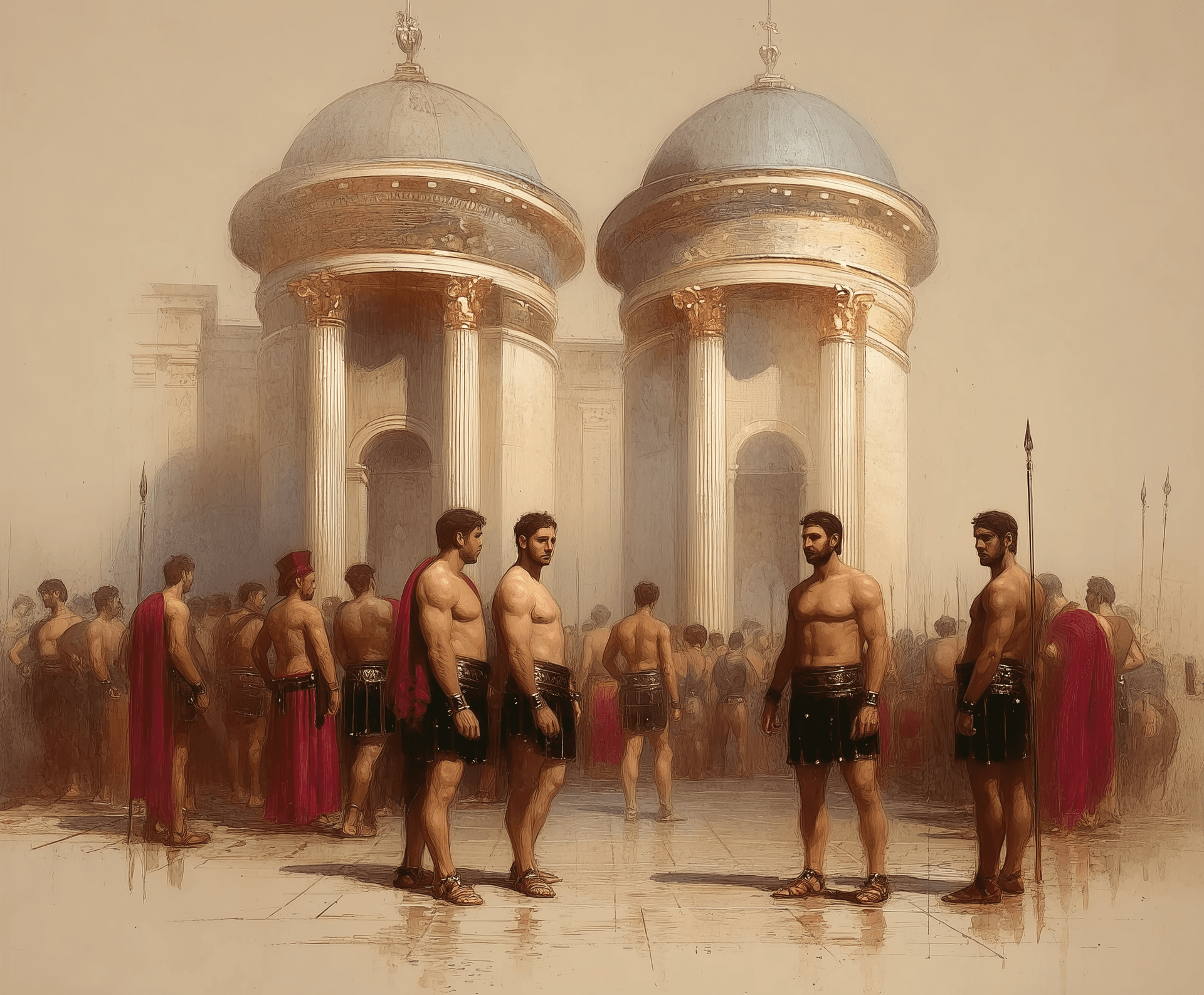 AI generated:  group of men in ancient rome 16:9 --chaos 40 --ar 6:5 --style raw --profile 8dtrl7a --stylize 450 -...