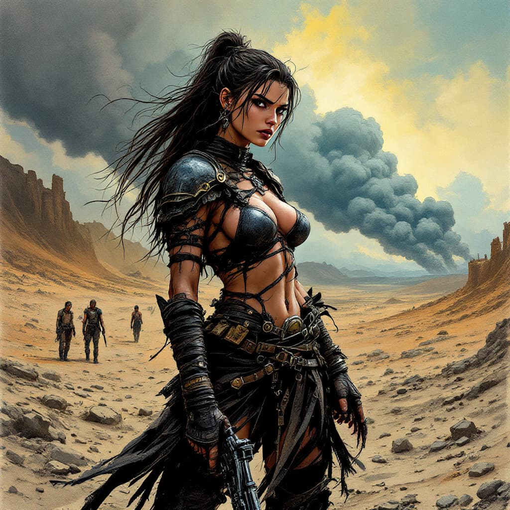AI generated: Comic book illustration, full body shot 3/4 view of a gritty post-apocalyptic young beautiful Europe...