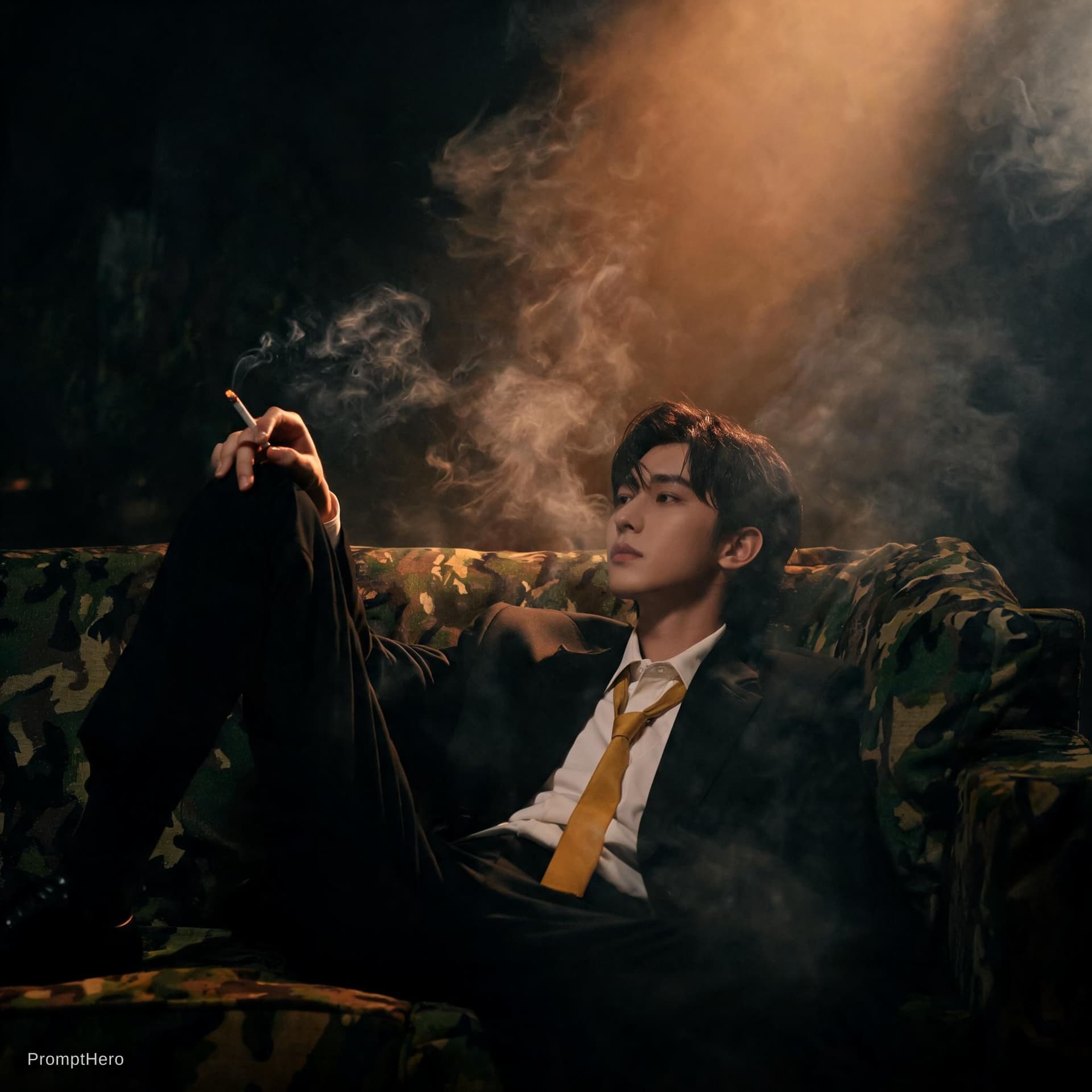 AI generated: photography, cover shoot, dimly lit room with a hazy atmosphere, capturing a professional male model...