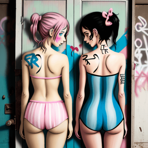AI generated: Realistic graffiti of two girls painted from behind onto an old door that has been opened, in the st...