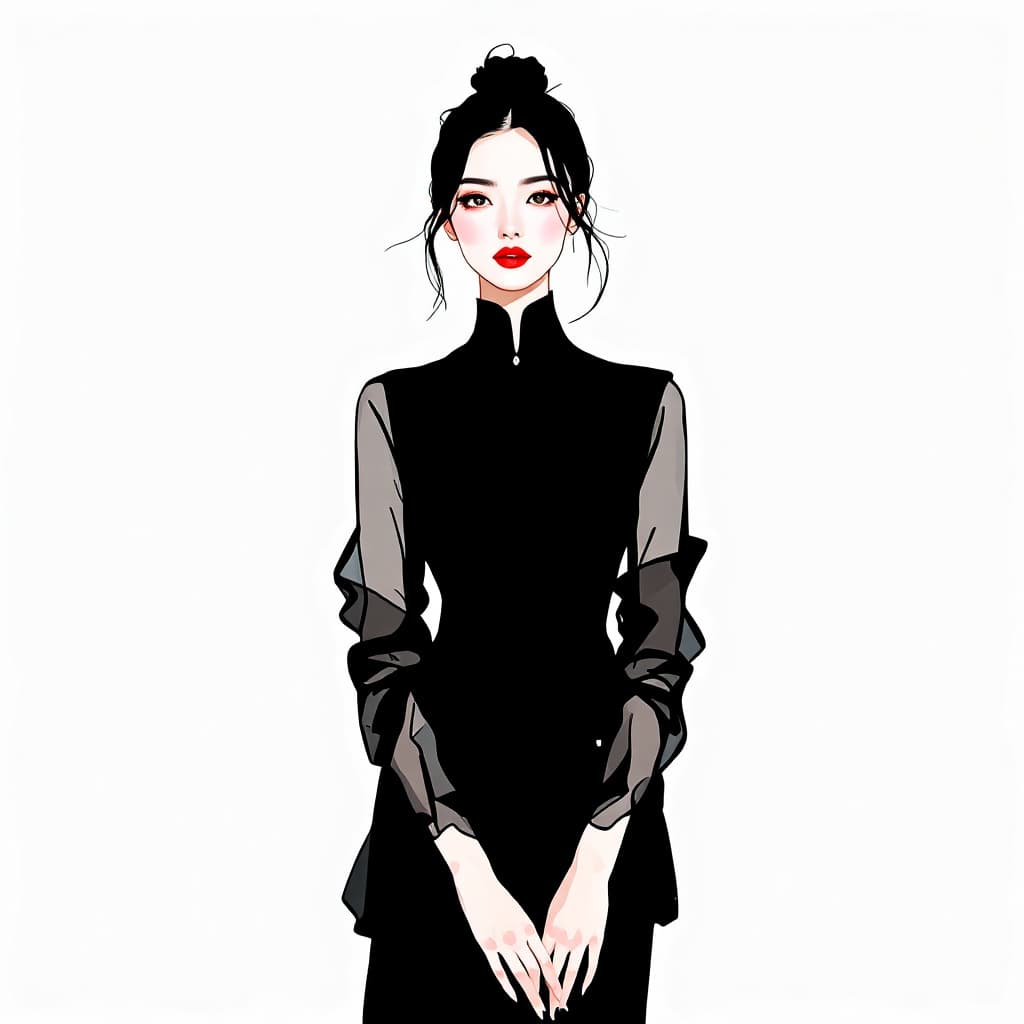 AI generated: Chinese ink style portrait of Chinese photographer Zhang Jingna, wearing a black dress an elegant fa...