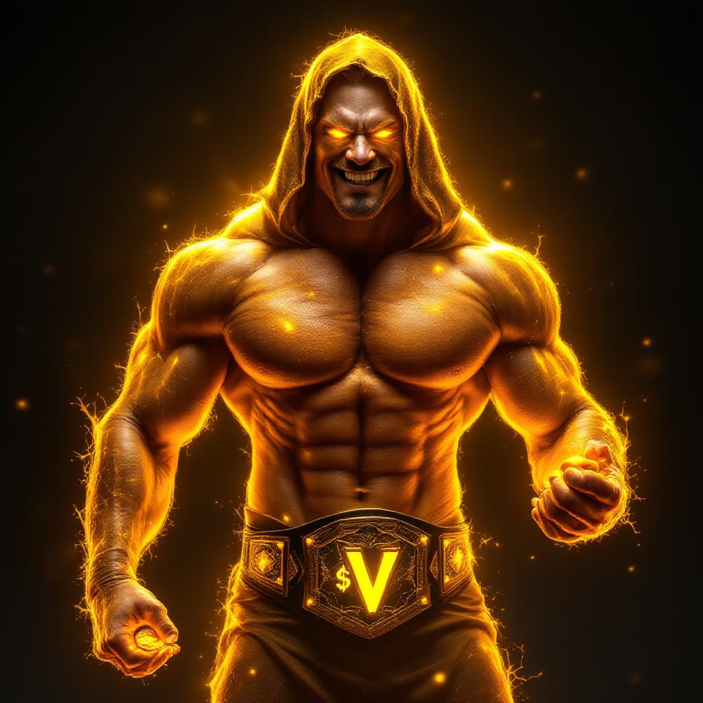 AI generated: A highly muscular man with a heroic and powerful stance covered in a glowing golden aura, in a pose ...